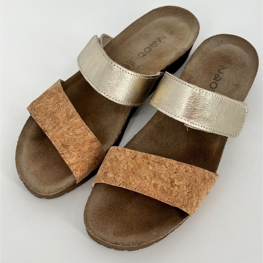 Naot Women Althea Slip On Sandal Size 38 US 7 Cork Metallic Gold Hook Loop Strap